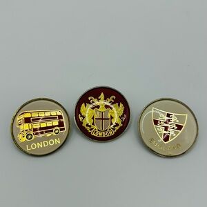 London England Souvenir Pin Badges Set - Bus, Crest, Shield - UK Collectible